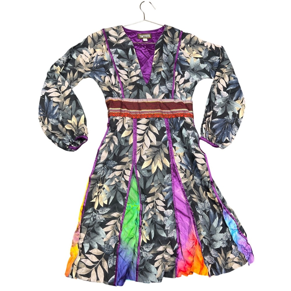 Tracy Feith Botanical Leaf Print Rainbow Godet Cotton Midi Dress Black Size 1